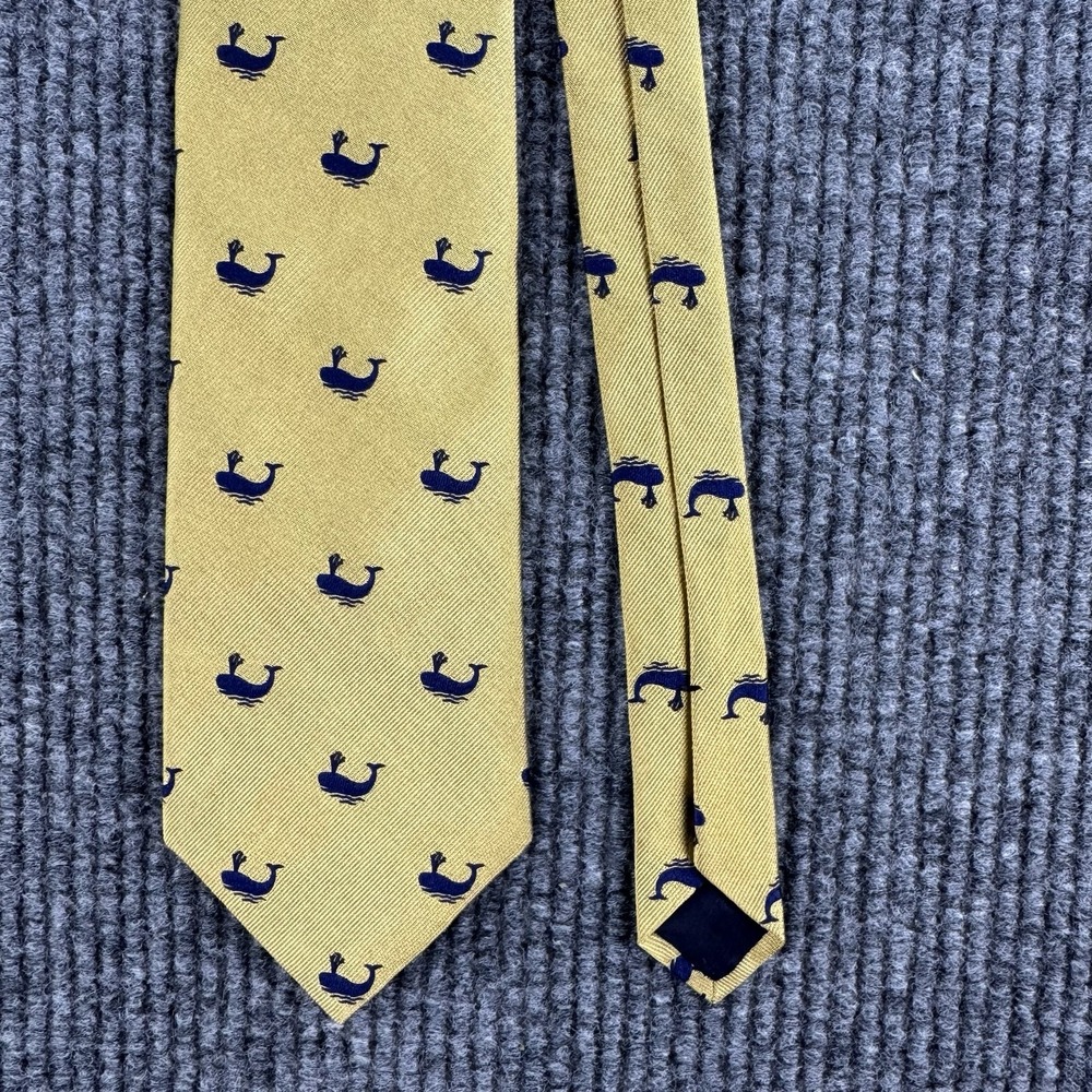 Brooks Brothers 346 Tie Gold Blue Whale Silk Nautical Prep USA Necktie